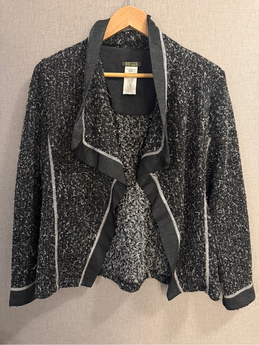 Dolcezza Black White Tweed Jacket Large Draped Open Front Art to Wear